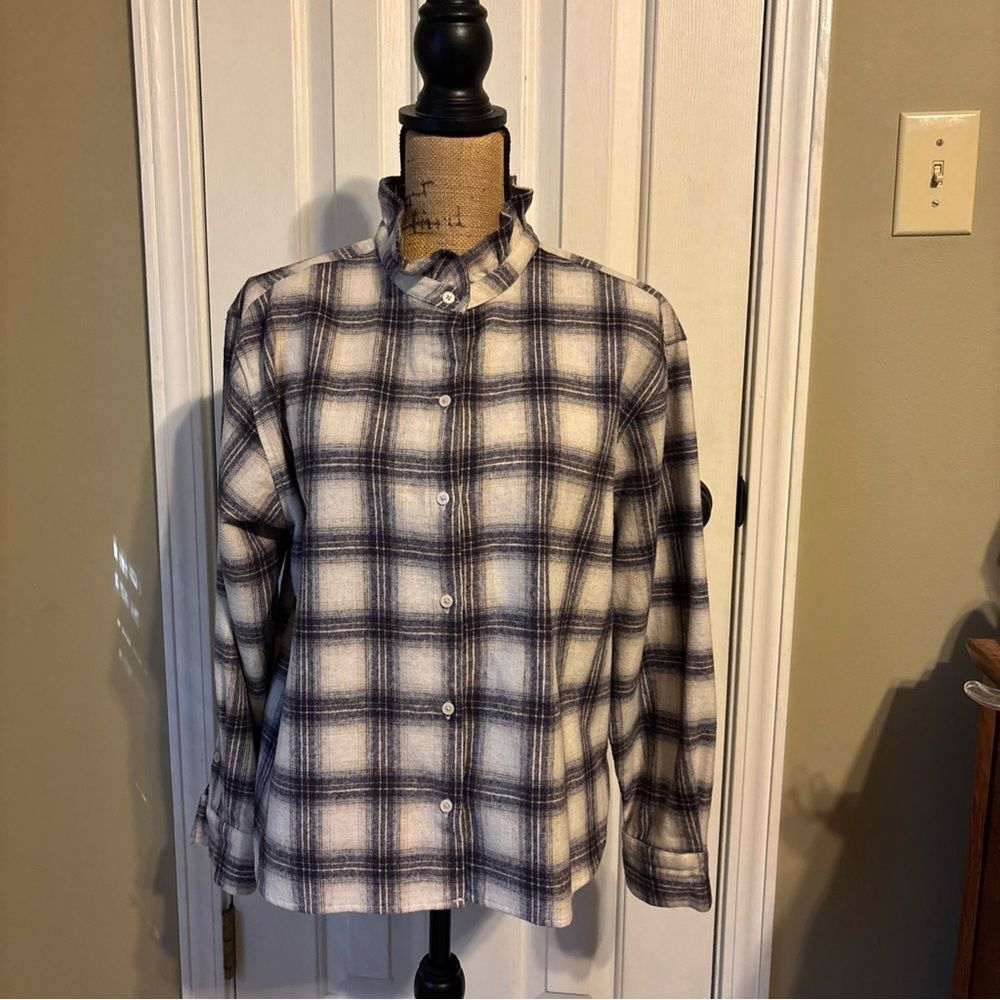 Banana Republic Navy and White plaid ruffle neck wool blend Shirt